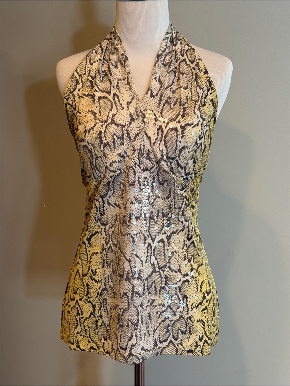 Cache Snake-Print Sequin Halter Top in Yellow and Beige - Size Small